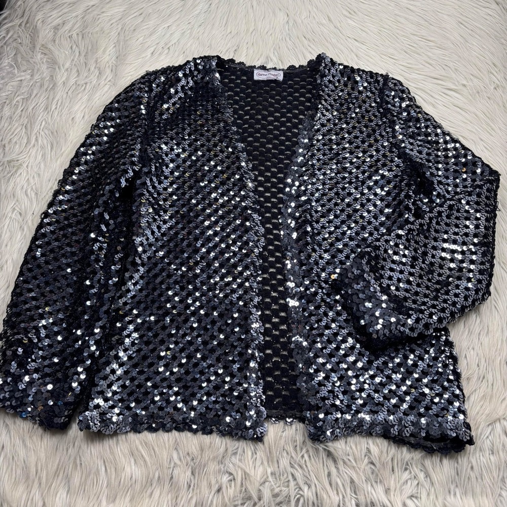 Vintage Three Flags Women's M Black Silver Sequin Open Knit Cardigan Sparkle